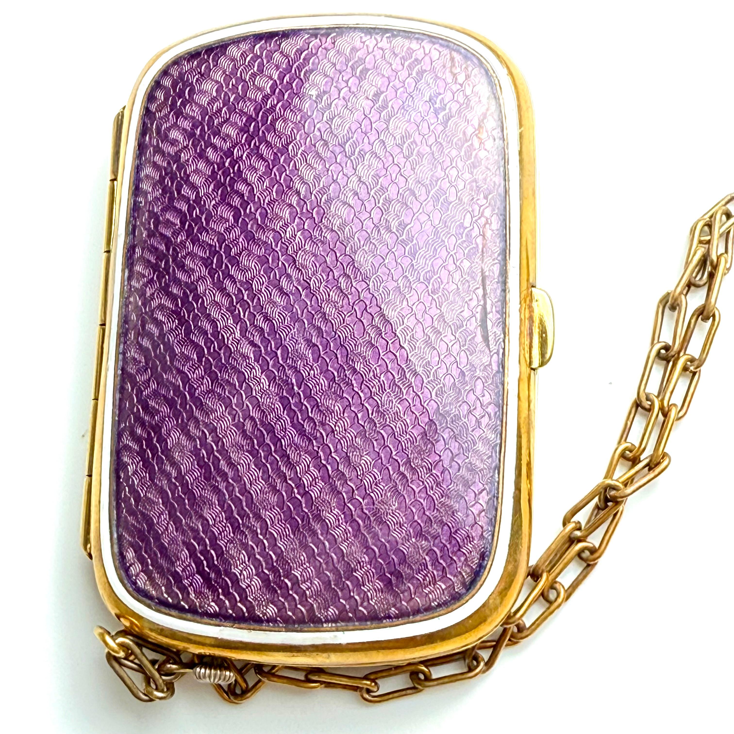 Antique Silver-Tone Purple Guilloché Enamel Compact with Clock 20th Century In Good Condition For Sale In New York, NY