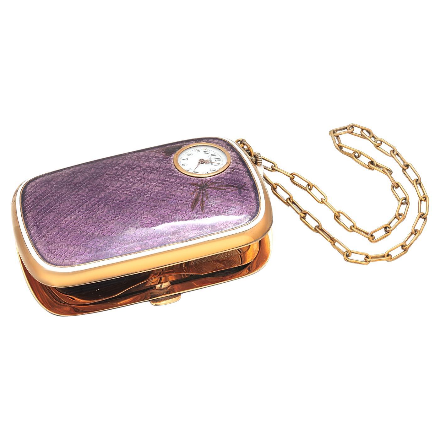 Antique Silver-Tone Purple Guilloché Enamel Compact with Clock 20th Century For Sale 1