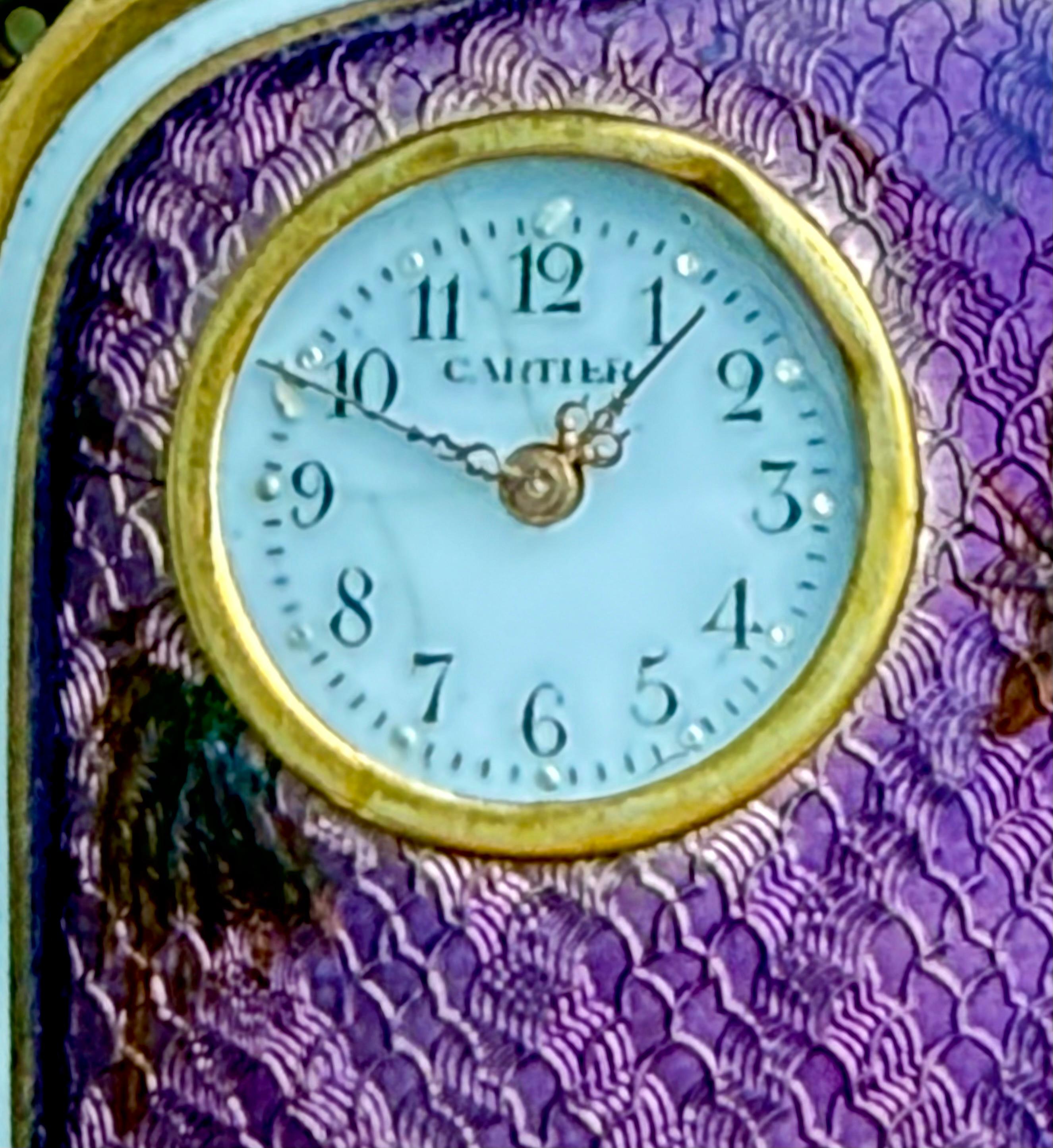 Antique Silver-Tone Purple Guilloché Enamel Compact with Clock 20th Century For Sale 2