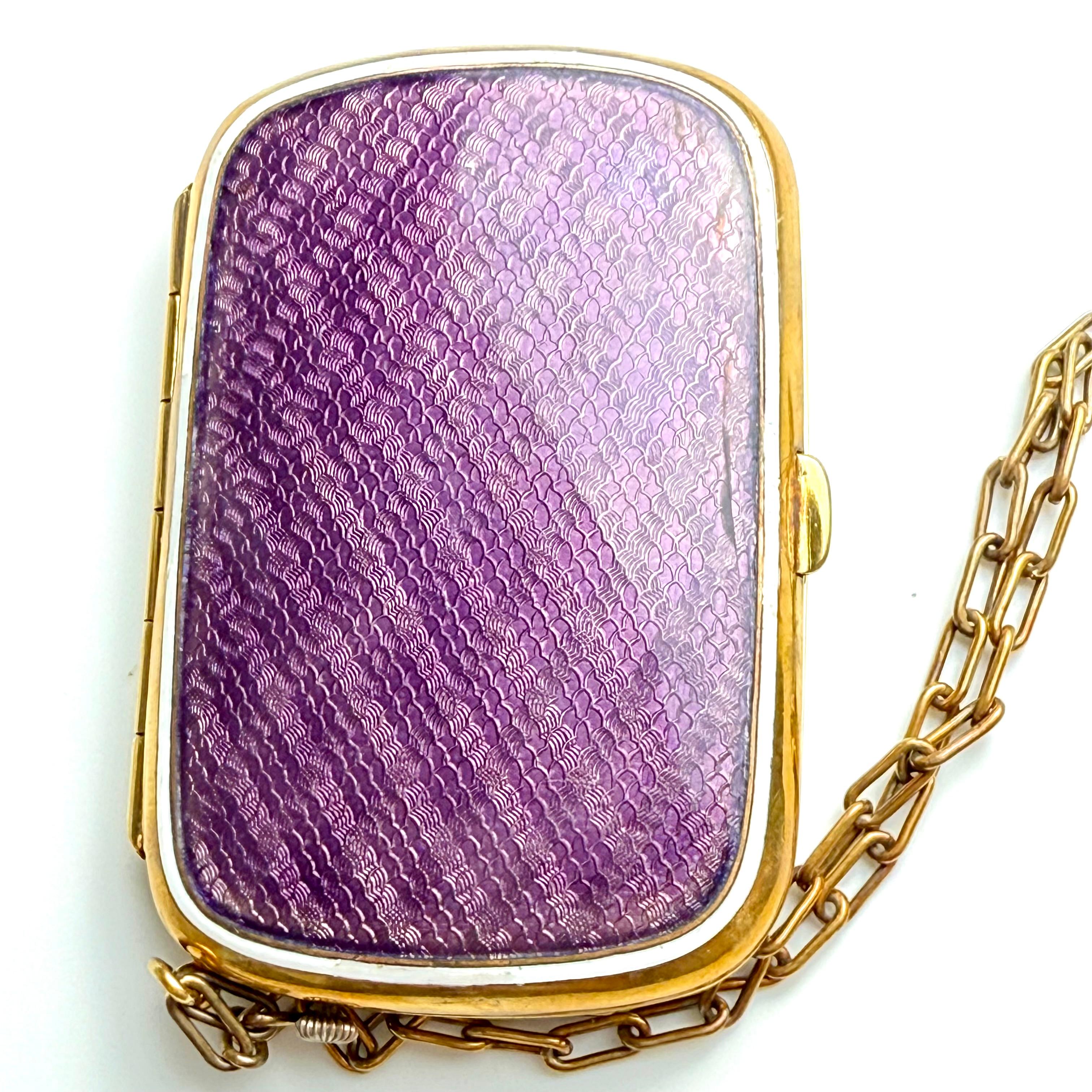 Antique Silver-Tone Purple Guilloché Enamel Compact with Clock 20th Century For Sale 3