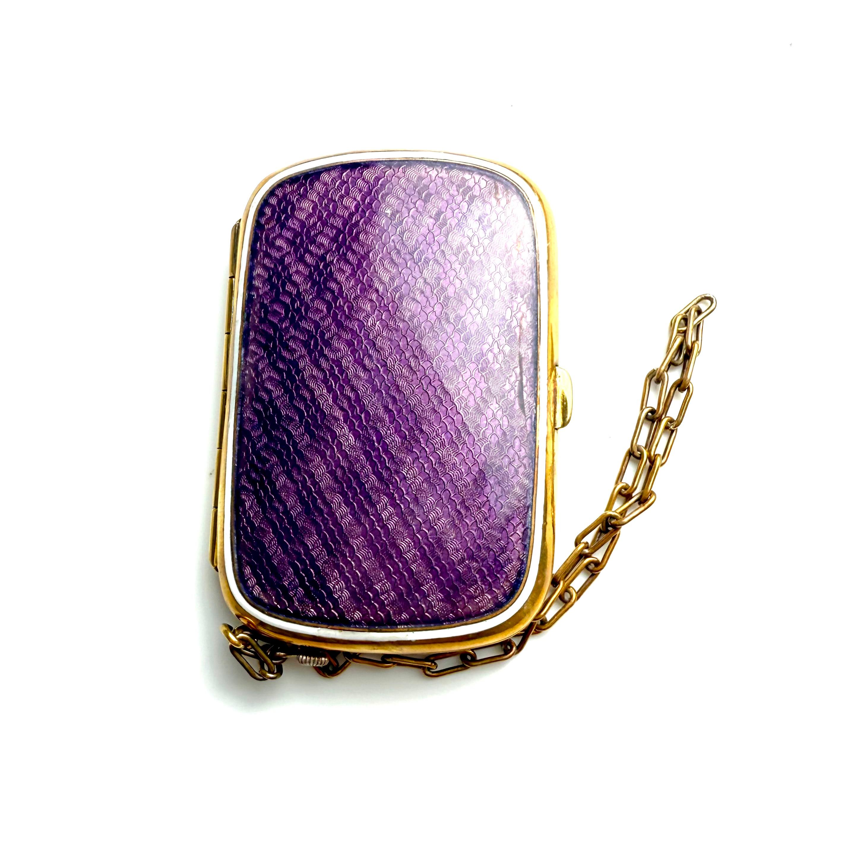 Antique Silver-Tone Purple Guilloché Enamel Compact with Clock 20th Century For Sale 4