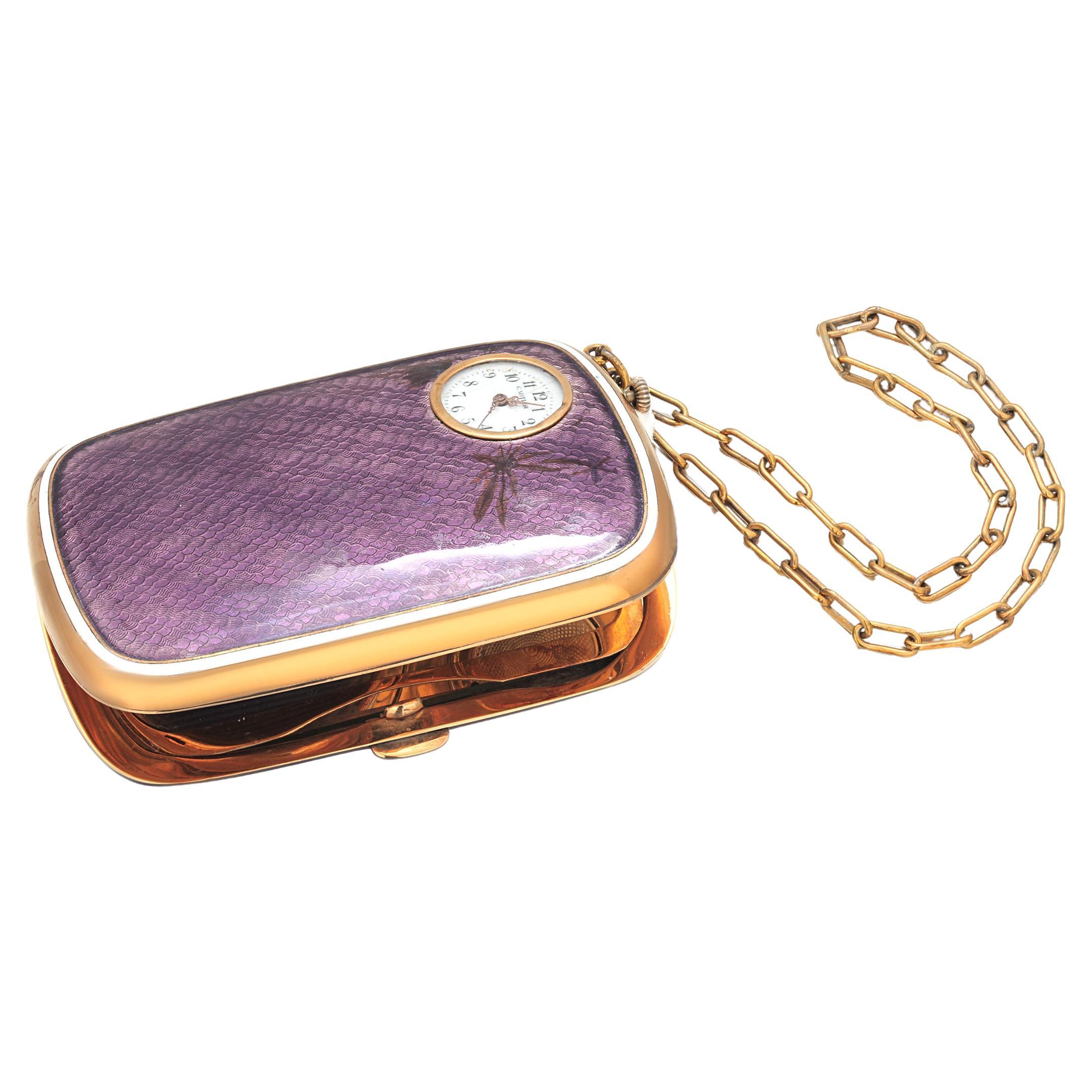 Antique Silver-Tone Purple Guilloché Enamel Compact with Clock 20th Century For Sale