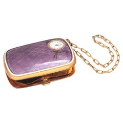 Antique Silver-Tone Purple Guilloché Enamel Compact with Clock 20th Century