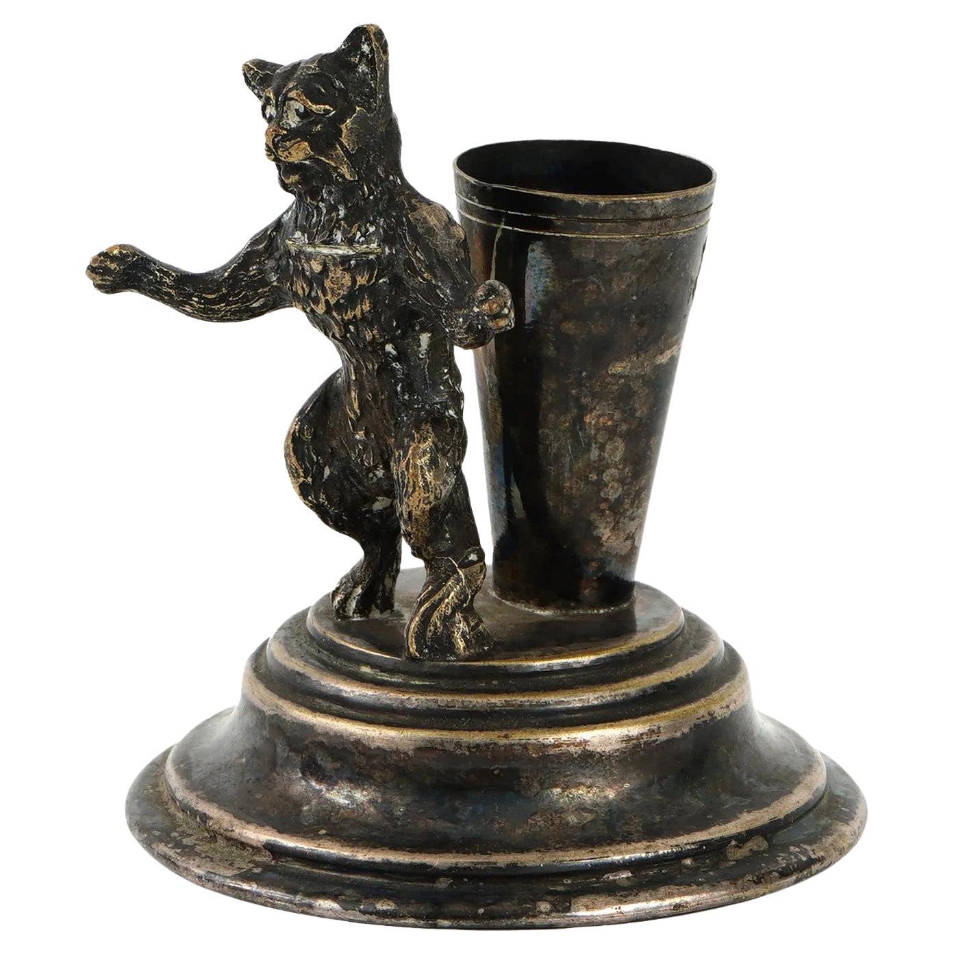Antique Silver Toothpick Holder with Cat Figurine For Sale