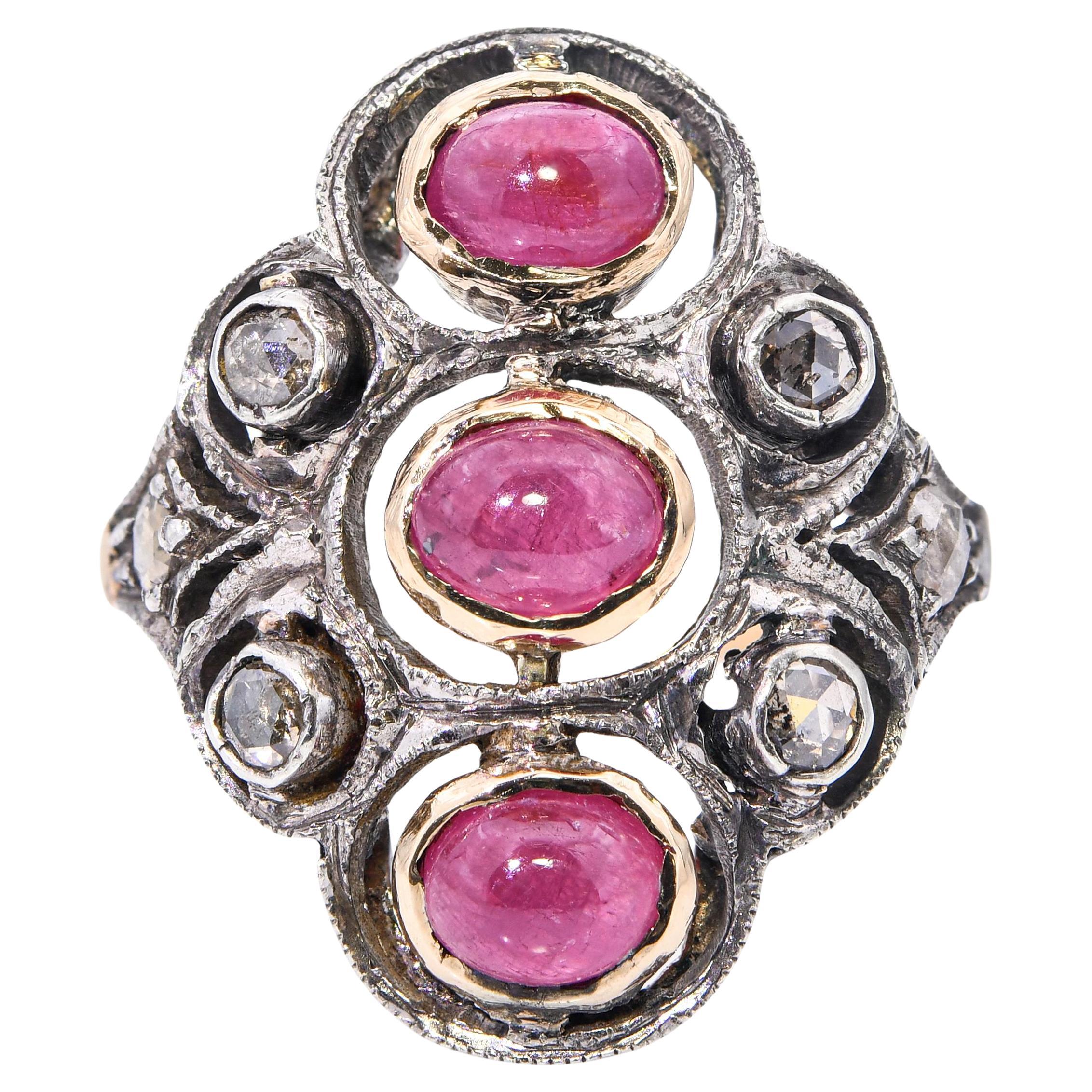 Anello antico in argento con rubino e diamanti taglio rosa in oro giallo 10k da 1,75tcw