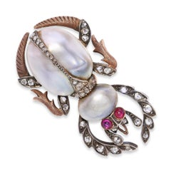 Antique Silver Topped 14k Gold Rose Cut Diamond, Pearl, and Ruby Scarab Brooch