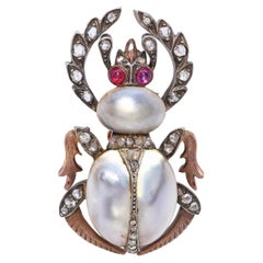Antique Silver Topped 14k Gold Rose Cut Diamond, Pearl, and Ruby Scarab Brooch