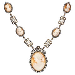 Antique Silver Topped 14k Yellow Gold 2.00tcw Diamond Shell Cameo Necklace