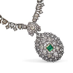 Collana colombiana in oro giallo 14 carati con smalto argentato antico, smeraldi e diamanti