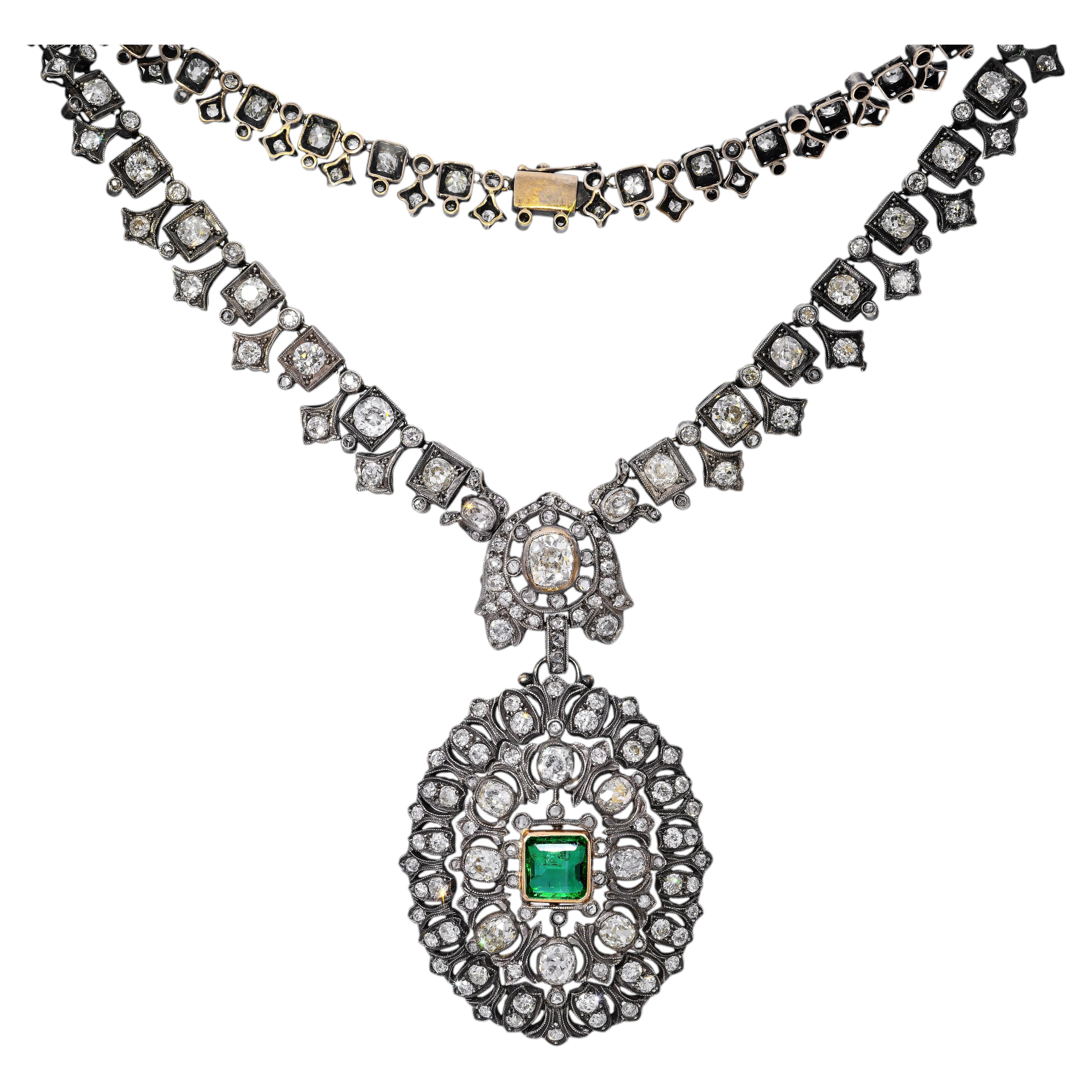 Antique Silver Topped 14k Yellow Gold Colombian Emerald & Diamond Necklace