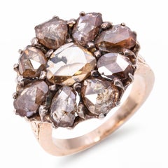 Antique Silver Topped 14k Yellow Gold Fancy Brown Rose Cut Diamond Cluster Ring