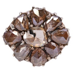 Antique Silver Topped 14k Yellow Gold Fancy Brown Rose Cut Diamond Cluster Ring