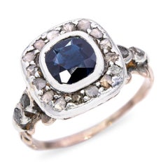 Antique Silver Topped 9ct Yellow Gold 1.14ct Teal Sapphire and Diamond Ring
