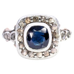 Antique Silver Topped 9ct Yellow Gold 1.14ct Teal Sapphire and Diamond Ring