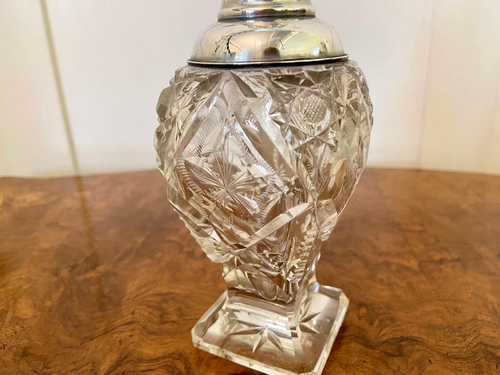 Antique silver topped cut glass scent bottle having a pretty shaped cut glass body with original pointed topped cut glass stopper.

A pretty example in wonderful condition.

Measures: H 19cm
W 6cm
D 6cm.


 