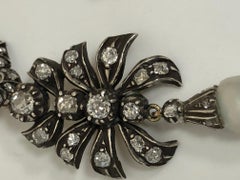 Antique Silver Topped Gold Diamond and Rare Natural Pearl Drop Earrings