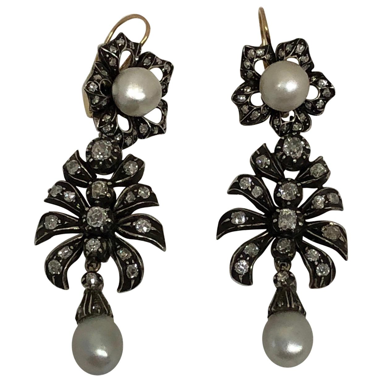 Antique Silver Topped Gold Diamond and Rare Natural Pearl Drop Earrings For Sale
