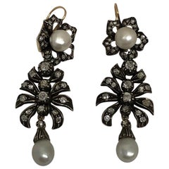 Antique Silver Topped Gold Diamond and Rare Natural Pearl Drop Earrings