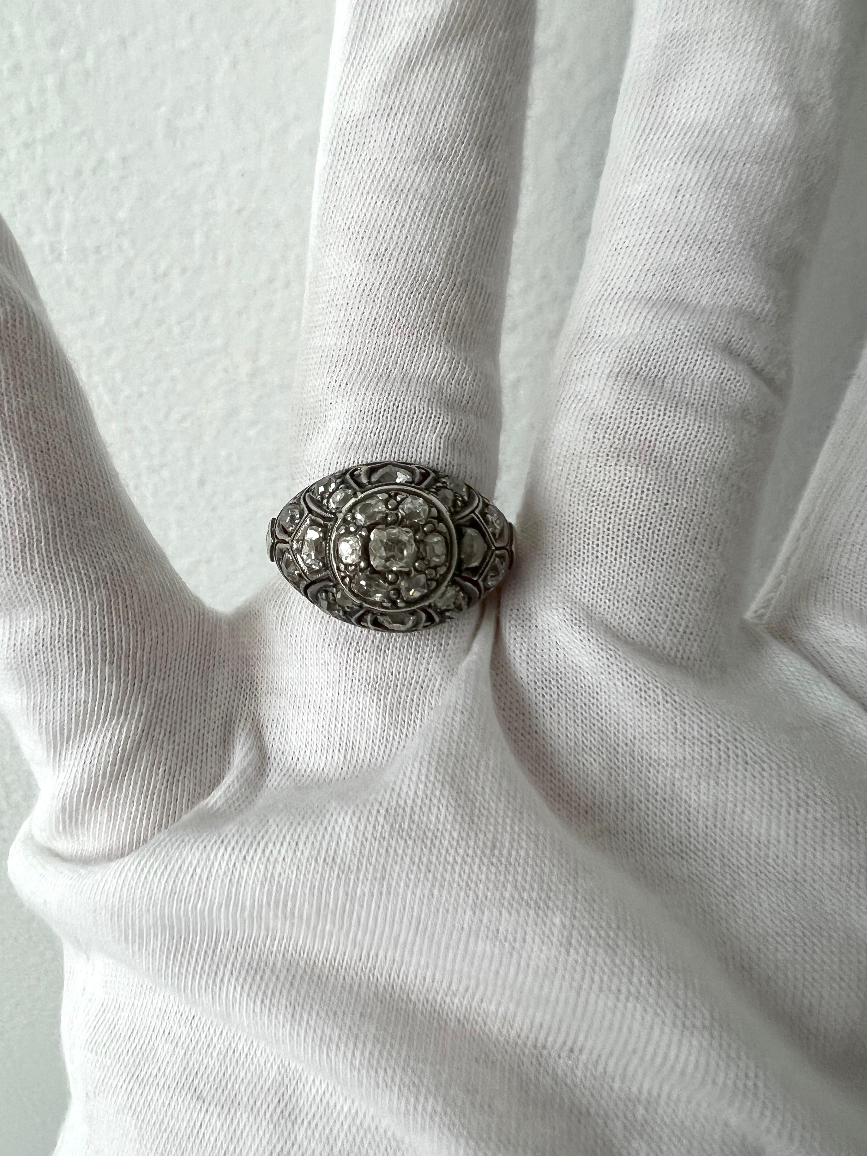 Old Mine Cut Antique Silver topped Gold Diamond Ring Engagement Ring. For Sale
