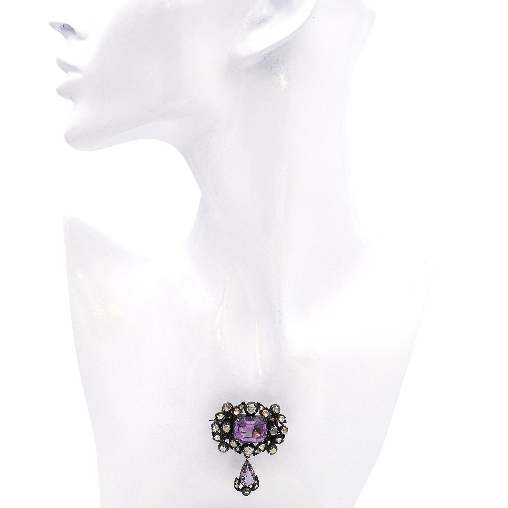 Rose Cut Antique Silver Topped Gold Rose-cut Diamond and Amethyst Brooch For Sale