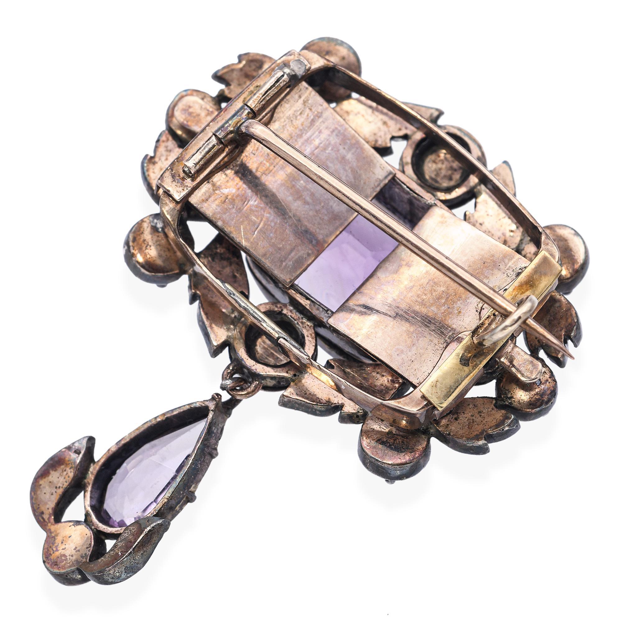Antique Silver Topped Gold Rose-cut Diamond and Amethyst Brooch In Good Condition For Sale In New York, NY
