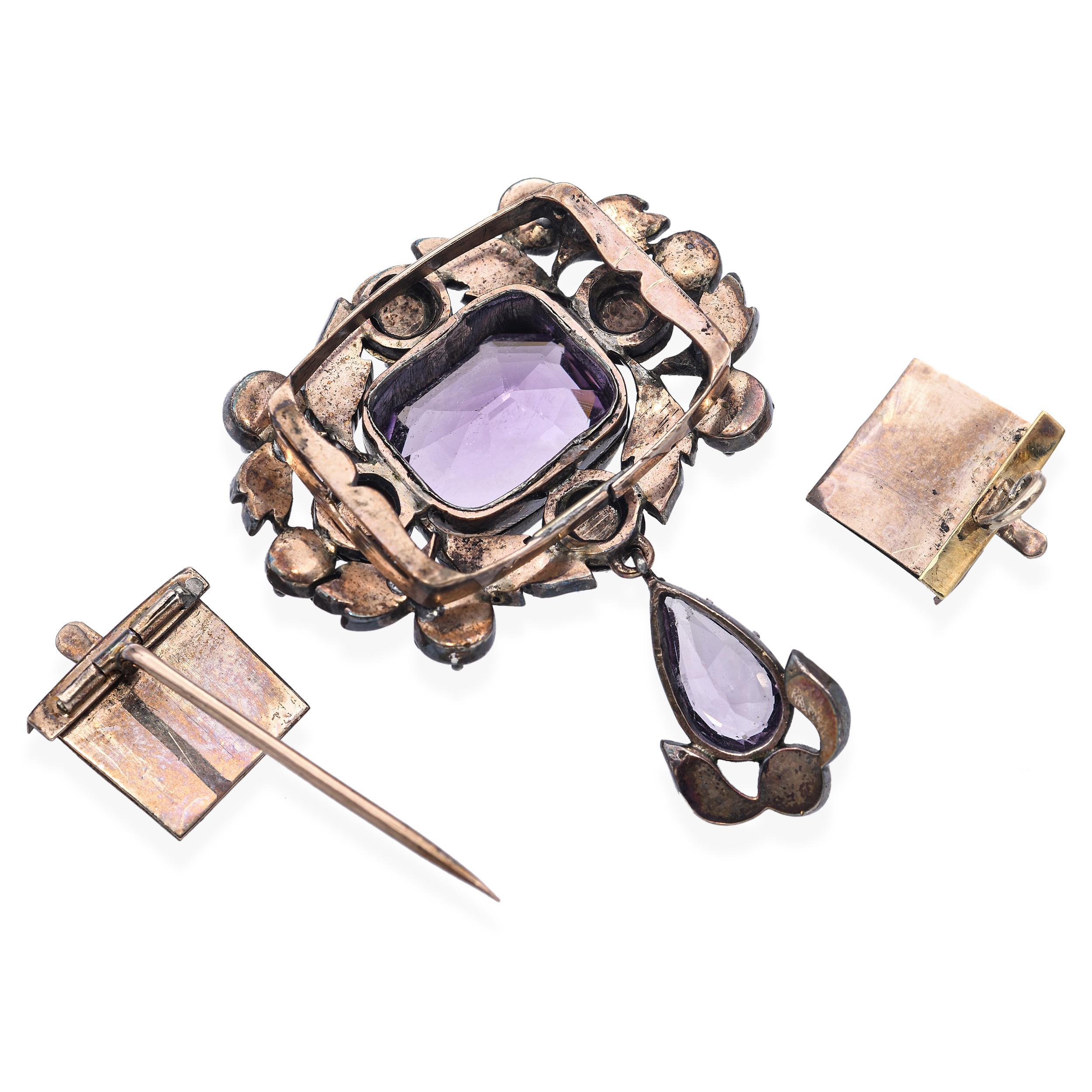 Women's Antique Silver Topped Gold Rose-cut Diamond and Amethyst Brooch For Sale