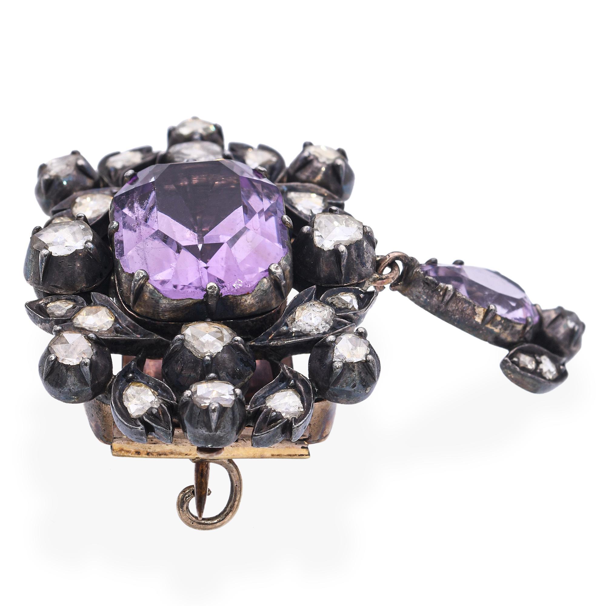 Antique Silver Topped Gold Rose-cut Diamond and Amethyst Brooch For Sale 1