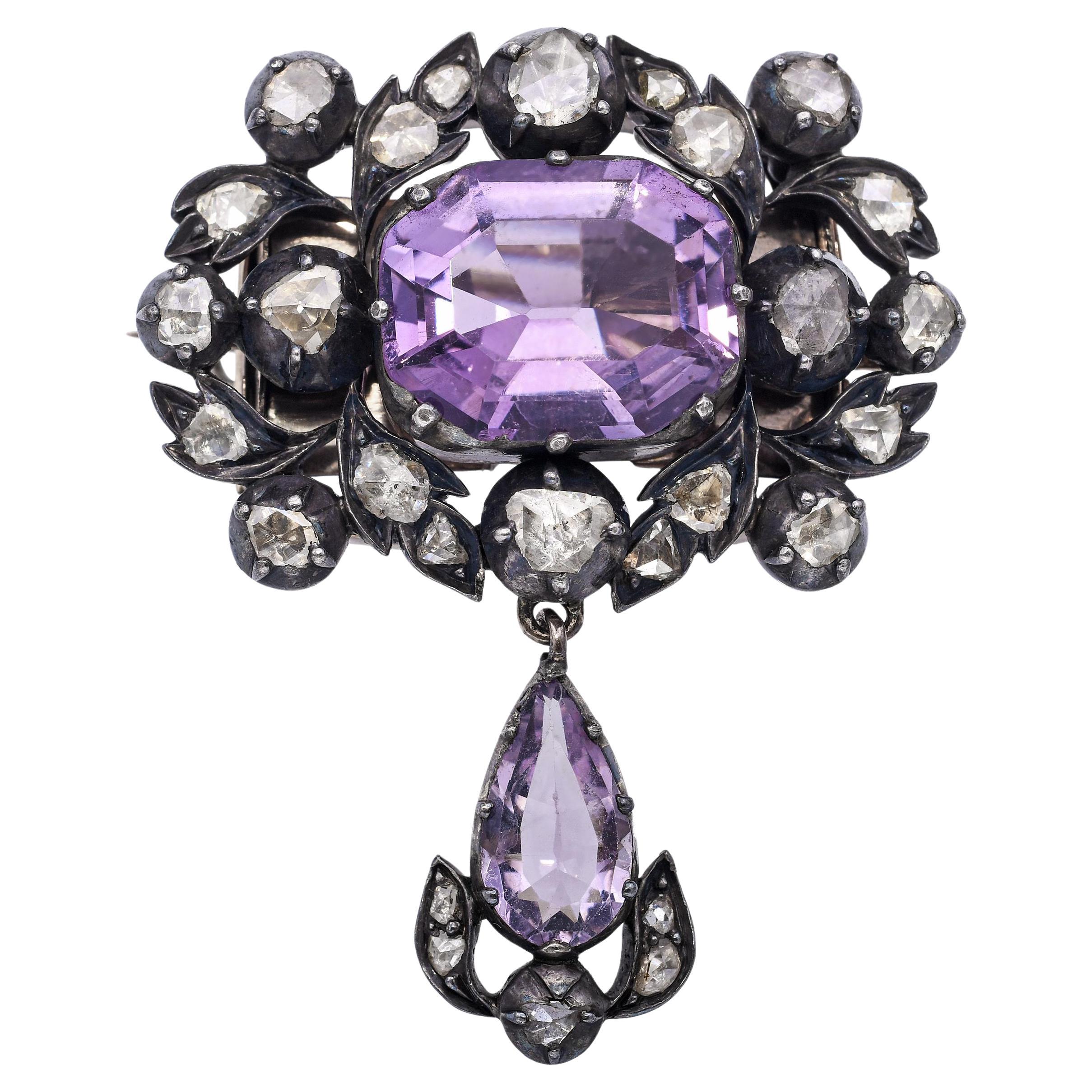 Antique Silver Topped Gold Rose-cut Diamond and Amethyst Brooch
