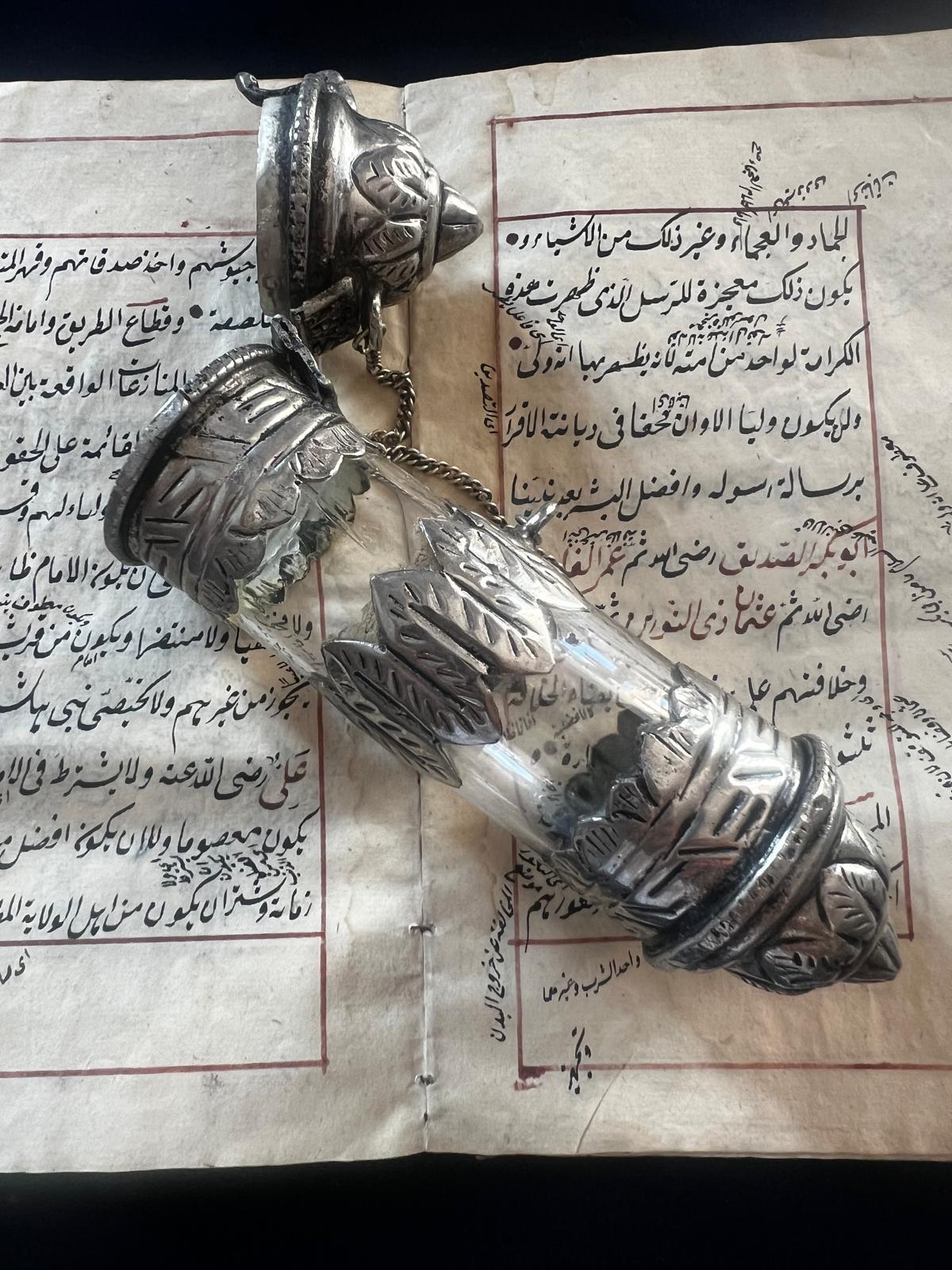 Saudi Arabian Antique Silver Tube with hand written Quran excerpts Parchment Scroll ca 1800 For Sale