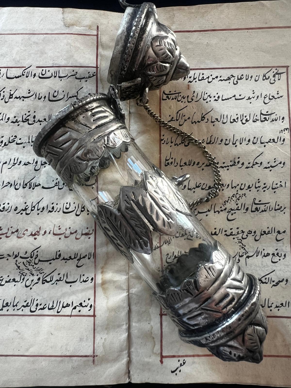 Hand-Crafted Antique Silver Tube with hand written Quran excerpts Parchment Scroll ca 1800 For Sale