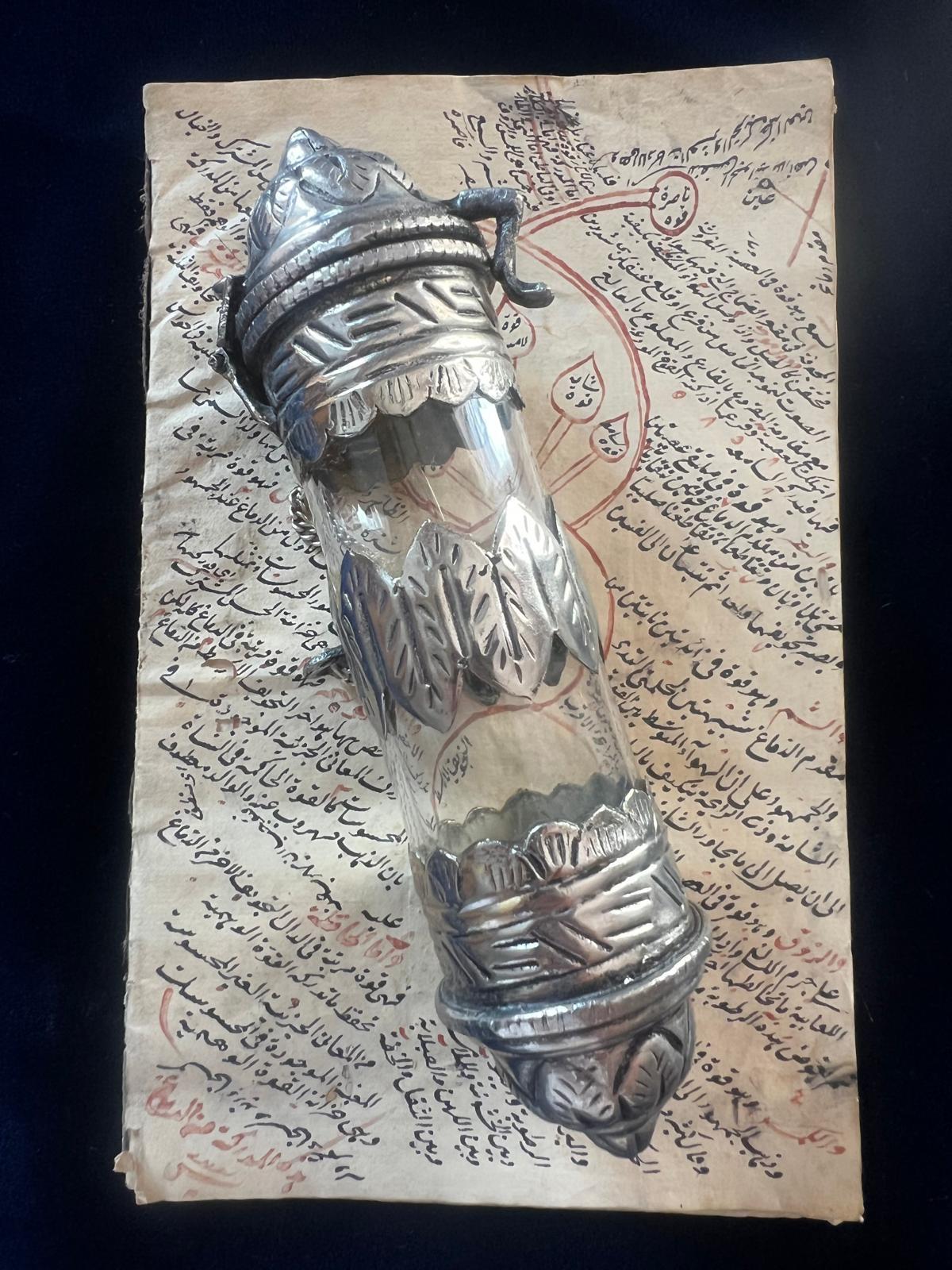 19th Century Antique Silver Tube with hand written Quran excerpts Parchment Scroll ca 1800 For Sale