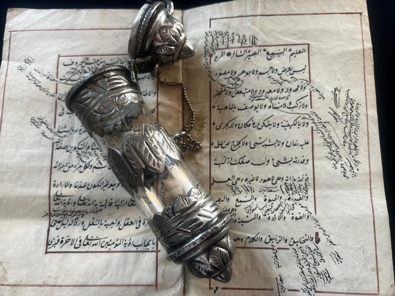 Antique Silver Tube with hand written Quran excerpts Parchment Scroll ca 1800 For Sale 1