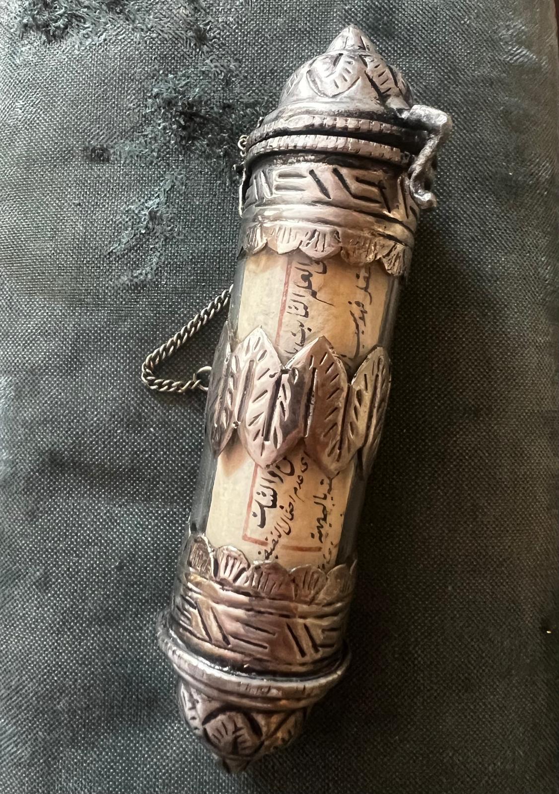 Antique Silver Tube with hand written Quran excerpts Parchment Scroll ca 1800 For Sale 2