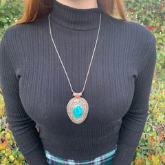 Antique Silver Turquoise Agate Pendant Made in Tibet