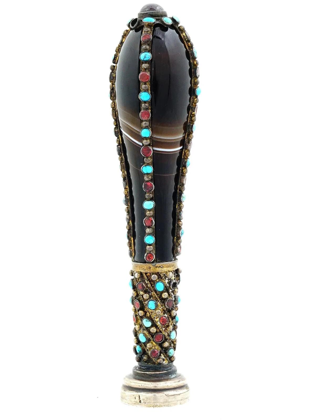 Victorian Antique Silver Turquoise And Garnet Mounted Black Agate Seal For Sale
