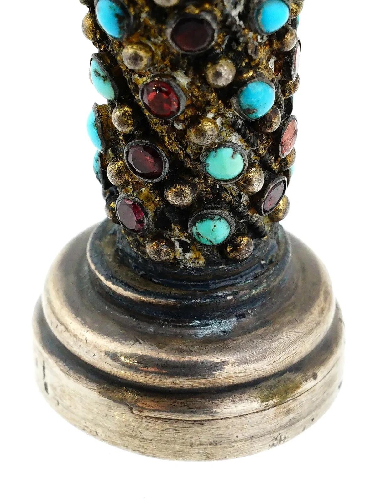 19th Century Antique Silver Turquoise And Garnet Mounted Black Agate Seal For Sale