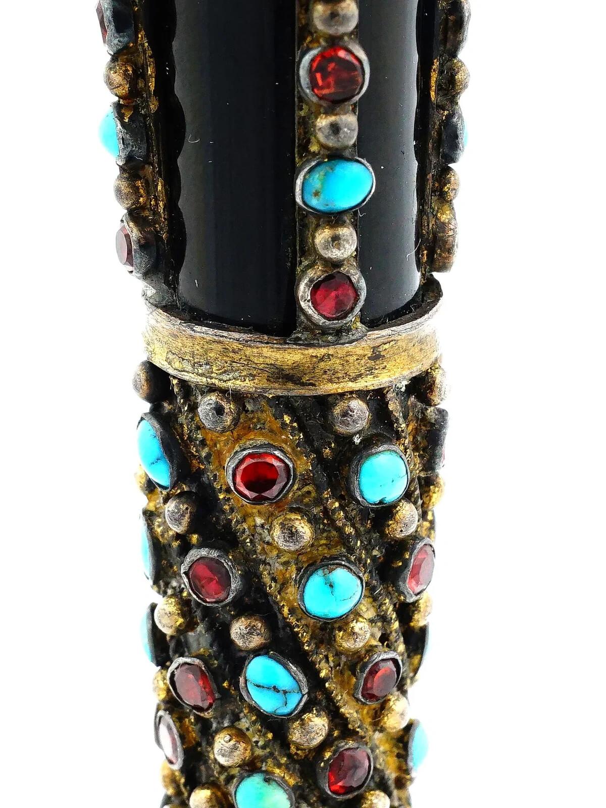 Antique Silver Turquoise And Garnet Mounted Black Agate Seal For Sale 1