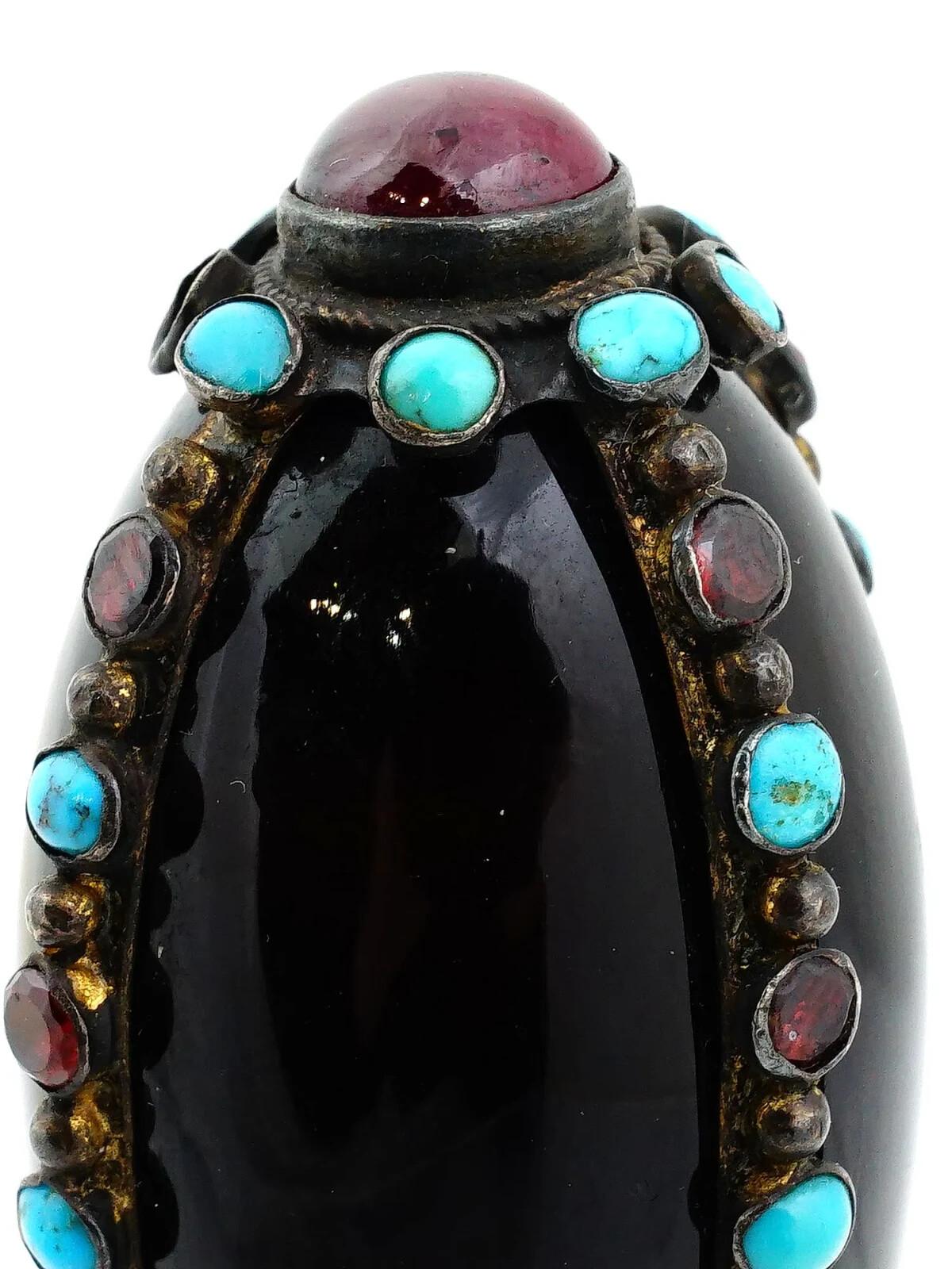 Antique Silver Turquoise And Garnet Mounted Black Agate Seal For Sale 2