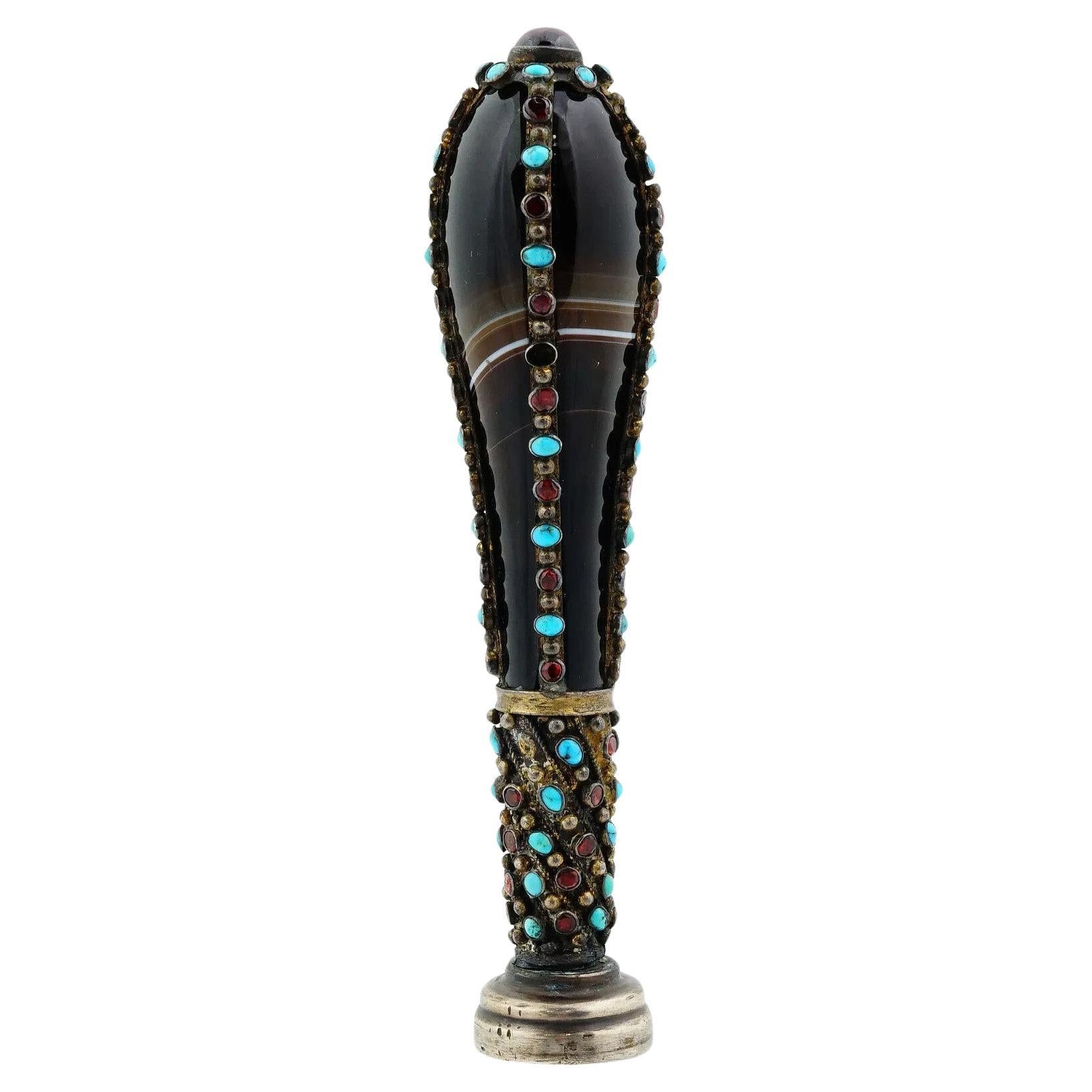Antique Silver Turquoise And Garnet Mounted Black Agate Seal