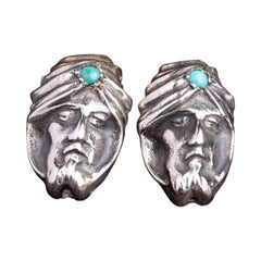 Antique Silver Turquoise Earrings, Oriental Turban Man Earrings