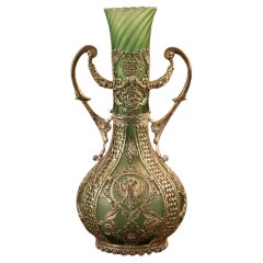 Antique Silver Vase, Art Nouveau Green Glass Vase with Silver Overlay, Early 20C
