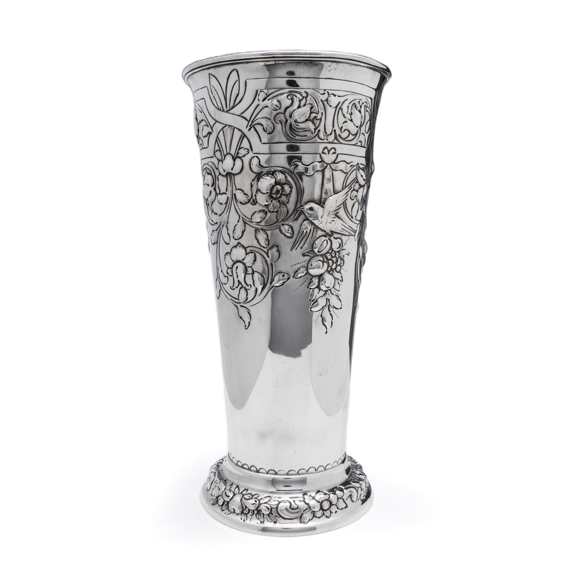 Early 20th Century Antique Silver Vase Decorated with Floral Motifs For Sale