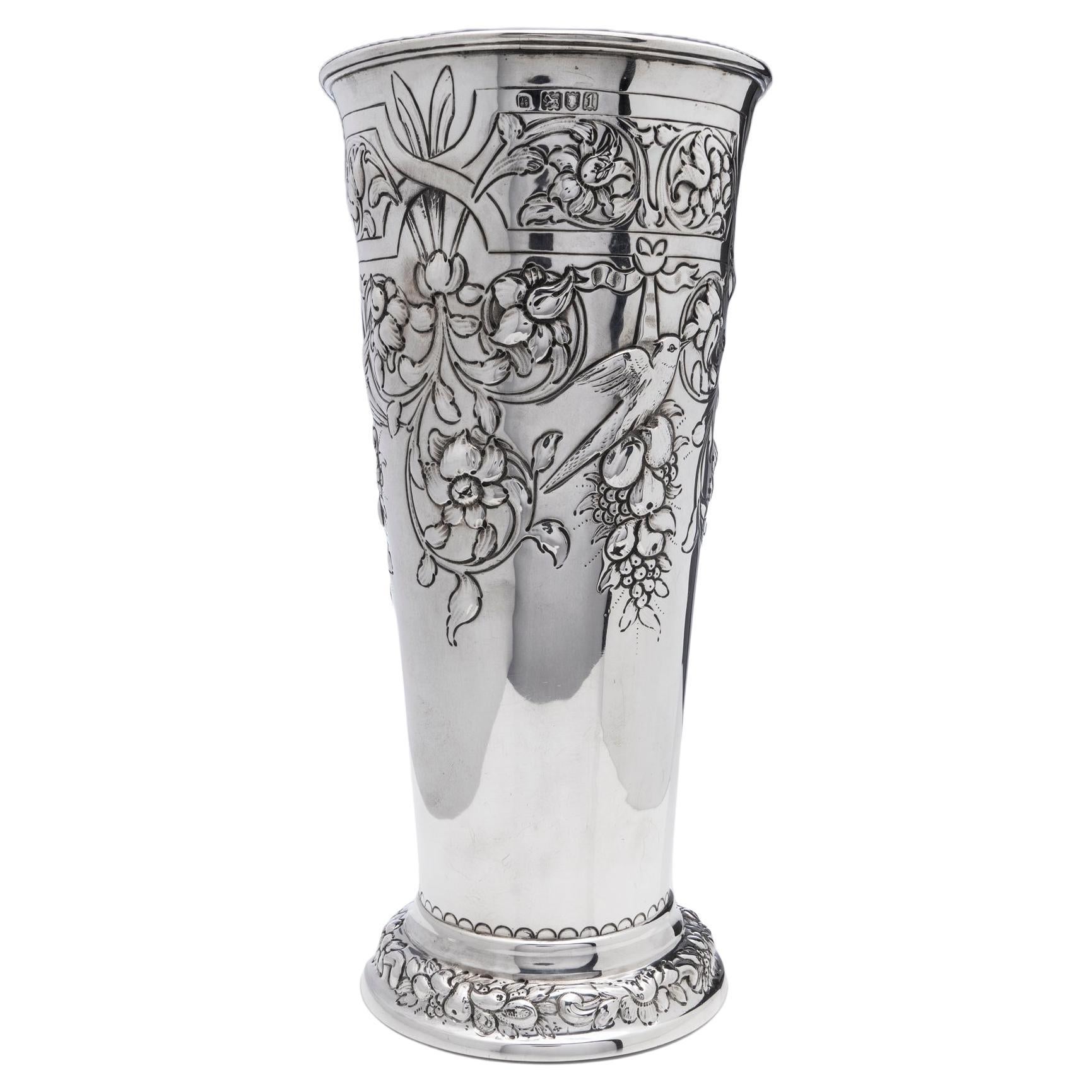 Antique Silver Vase Decorated with Floral Motifs For Sale