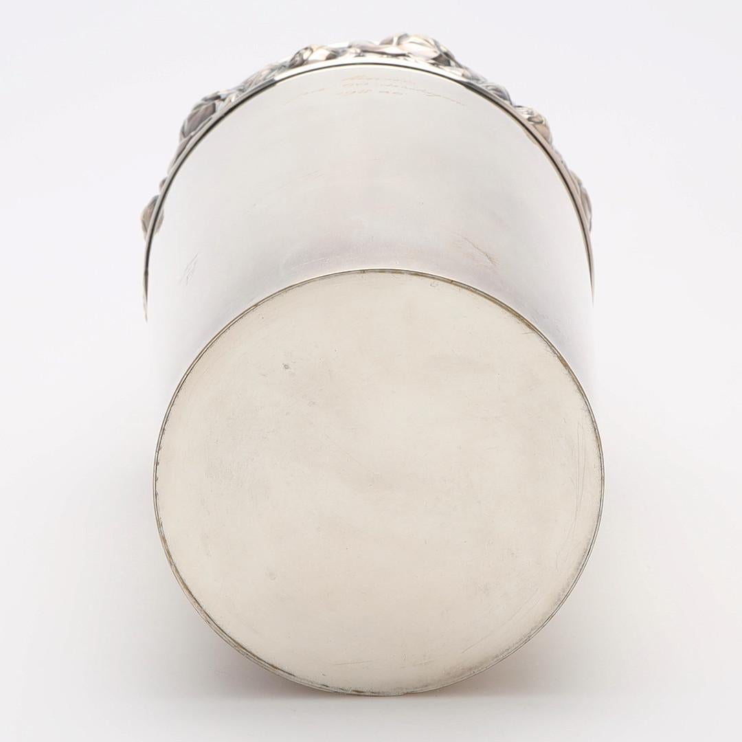 Large Art Deco antique silver plated vase or decorative cup pressed, cast and chased. Circular, curved floral belt tested with the scratch test, height approx. 37 cm, diameter 18 cm, weight approx. 317 g. All-encompassing C-curves in relief,