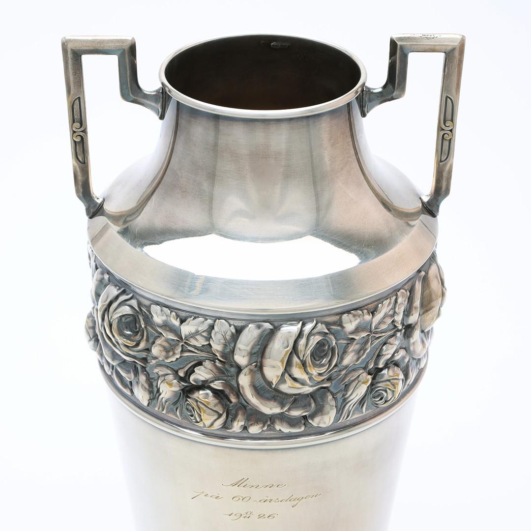 Swedish Antique Silver Vase, European Art Deco Decorative Cup, Floral Pendant Vase For Sale