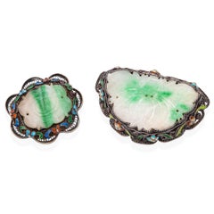 Antique Silver Vermeil Enamel and Jade Brooch Set