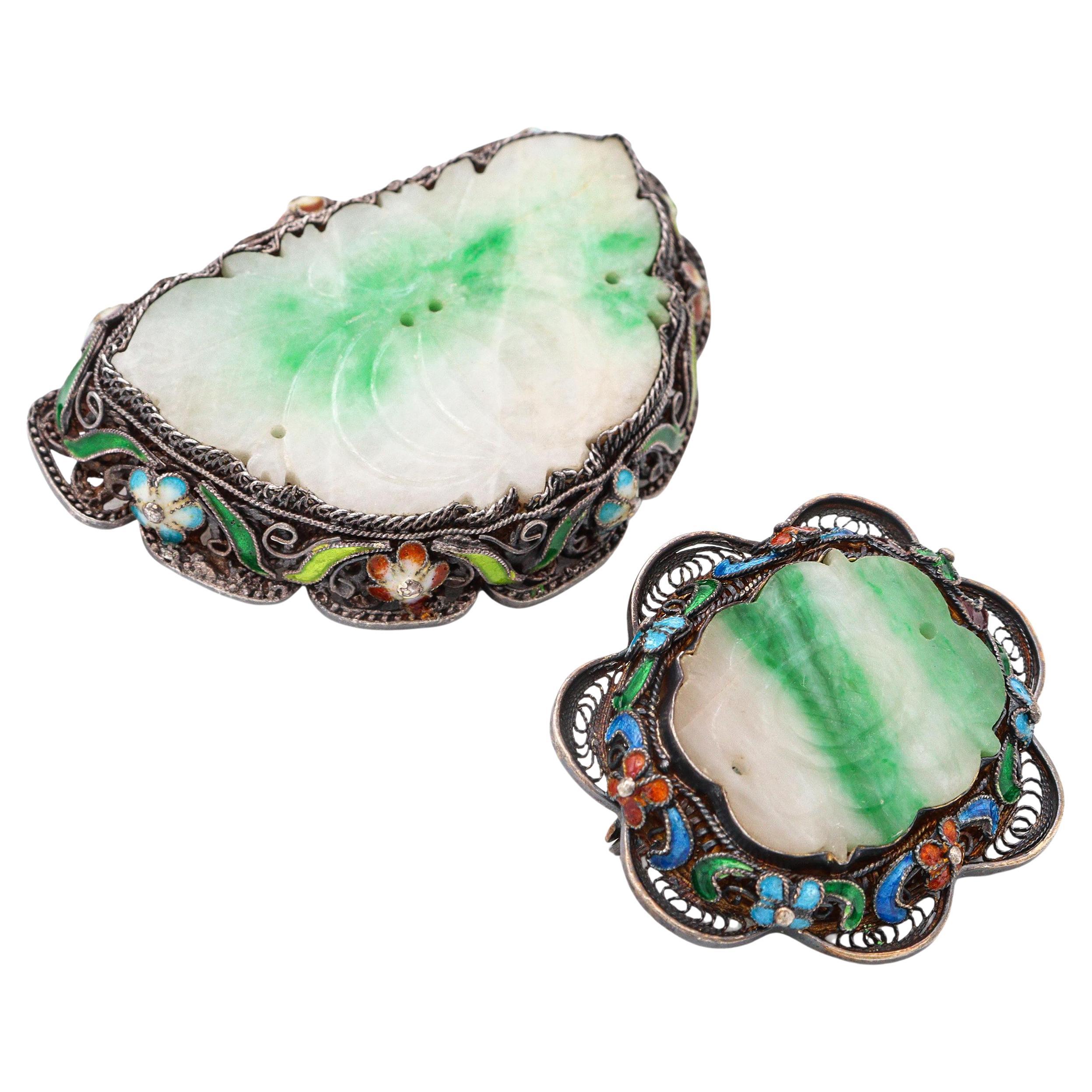 Set di spille antiche in argento vermeil, smalto e giada