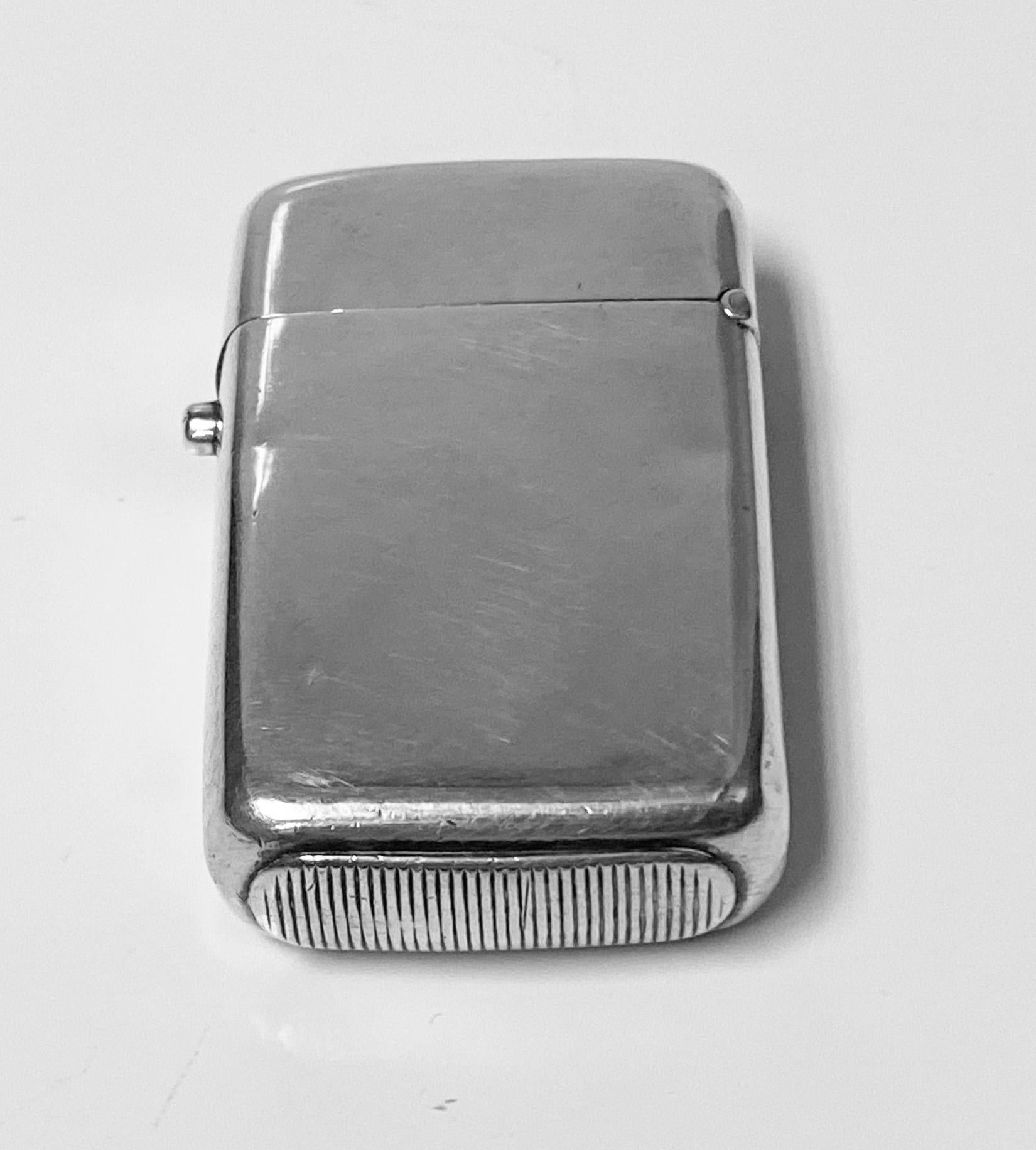 Antique silver Vesta London 1876 William Summers. Plain rectangular form, striker on base, one side engraved possibly JMC 1878. Measures: 1.75 x 1.00 inches. Item Weight: 24.90. Good thick guage of silver, nice patina.