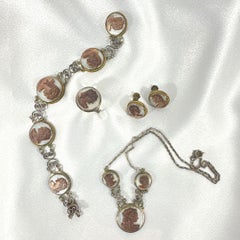 Antique Silver Victorian Artemis Cameo Set of Bracelet Necklace Earrings Ring