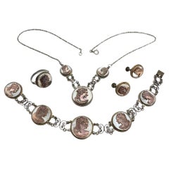 A Silver Victorian Artemis Cameo Set of Bracelet Necklace Earrings Ring